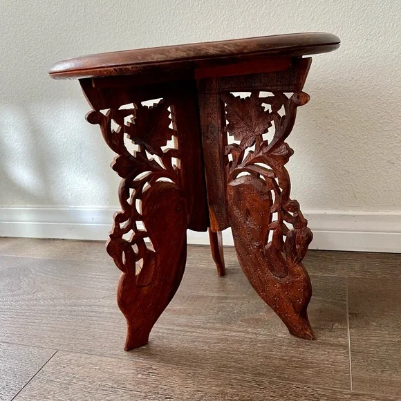 Vintage Indian Hand Carved Wooden Folding Side Table 13 Inch Tall - Picture 6 of 12